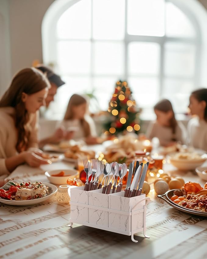 Marble Utensil Holder for Countertop - Stylish Marble Kitchen Accessories for Effortless Organization, Ideal Silverware Caddy for Party, Farmhouse Decor Friendly