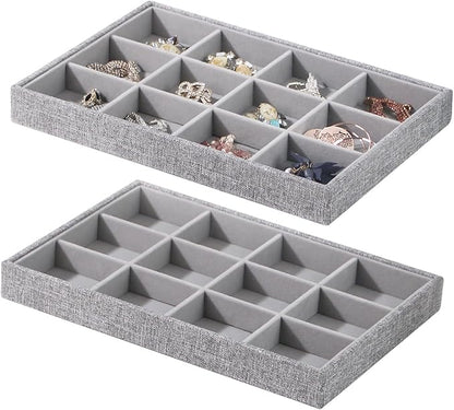 Stackable Jewelry Organizer Tray For Drawers,White Leather Small Earring Storage Tray,Bracelet And Necklace Display Box,Jewelry Ring Display Case (Gray 12 Grids)