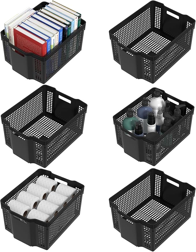 Woven Plastic Shelf Baskets, 6 Pack Stackable Basket Organizer for Pantry, Cabinet, Bedroom, Closet, Laundry Room, 14.8" x 10.9" x 7.1"