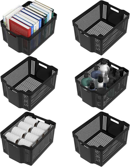 Woven Plastic Shelf Baskets, 6 Pack Stackable Basket Organizer for Pantry, Cabinet, Bedroom, Closet, Laundry Room, 14.8" x 10.9" x 7.1"