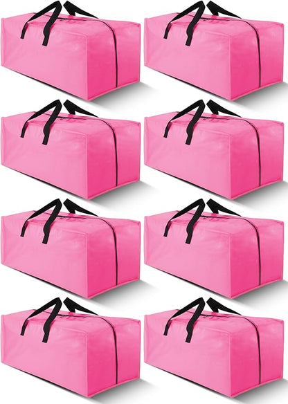 Cosy Family 8 Pack Heavy Duty Extra Large Moving Bags with Backpack Straps - Strong Handles & Zippers, Storage Totes For Space Saving, Fold Flat, Alternative to Moving Box (40 gal, Pink)