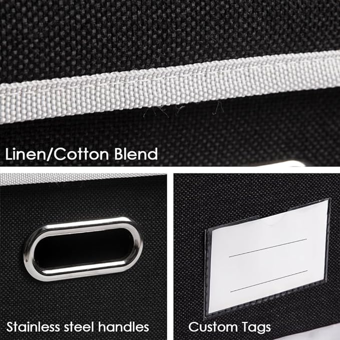 PRANDOM Foldable Storage Bin with Lid [5-Pack] Linen Fabric Decorative Storage Box Organizer Container Basket Cube with Handles Divider for Closet Office Living Room Black(14.9x9.8x9.8)