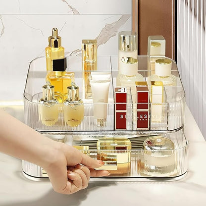 Decorcode Clear Makeup Organizer for Vanity, Large Desk Organizer with Stackable Drawer for Cosmetics, Skincare, Lipsticks, Palette, Nail Care, Ideal Storage for Dresser and Bathroom Countertop