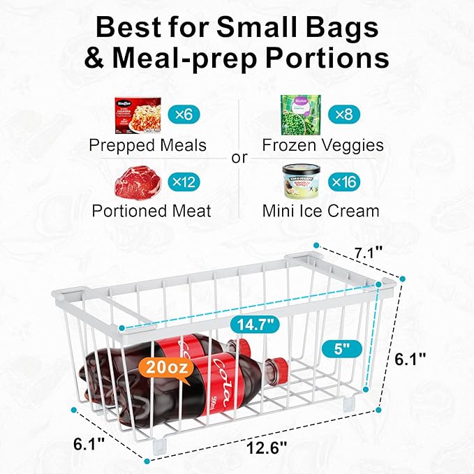 iSPECLE Deep Freezer Organizer Bins - 4 Pack Small Stackable Freezer Baskets for 7 Cu.ft Chest Freezer, Easy Access Food No More Digging, Sturdy Metal Metal Wire Basket Not Scratch Bottom, White