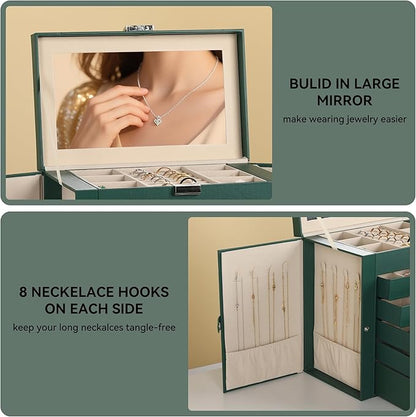 Frebeauty Large Jewelry Box,6-Tier PU Leather Jewelry Organizer,Multi-functional Storage Case with Mirror,Accessories Holder with 5 Drawers for Necklace Bracelets Watches(Blackish Green)