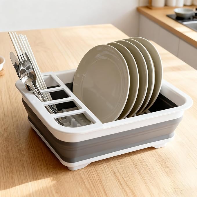 Collapsible Dish Drying Rack - Portable Foldable Dish Drainer with Utensil Holder for Kitchen, RV, Camping, Small Spaces - Space Saving Storage Organize