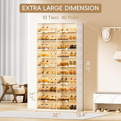 JEKO&JEKO 10-Tier Foldable Shoe Storage Box with Magnetic Doors, Large Stackable Shoe Organizer Cabinet for Entryway, Clear Front Door Shoe Boxes Hold Up to 40 Pairs (White)