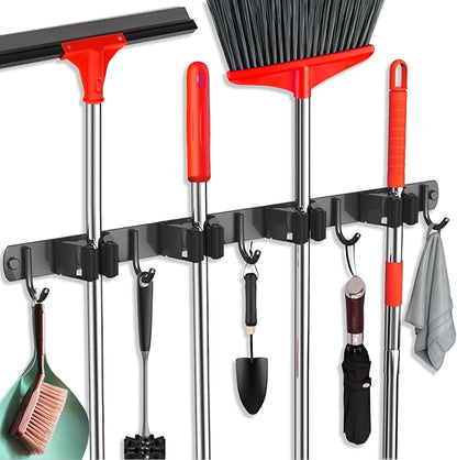 2 Pack Mop and Broom Holder Wall Mount, Upgraded Broom Hanger Wall Mount, Stainless Steel Broom Organizer for Closet Garage Laundry Room Kitchen Wall Decor Black 4R5H