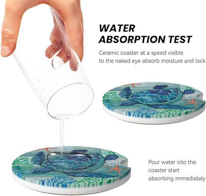 Sea Turtle Car Cup Holder Coaster 2 Pack Absorbent Ceramic Car Coasters for Cup Holders Car Accessories Interior for Women Men Universal Anti Slip Cork Base Cup Coasters with Finger Notch