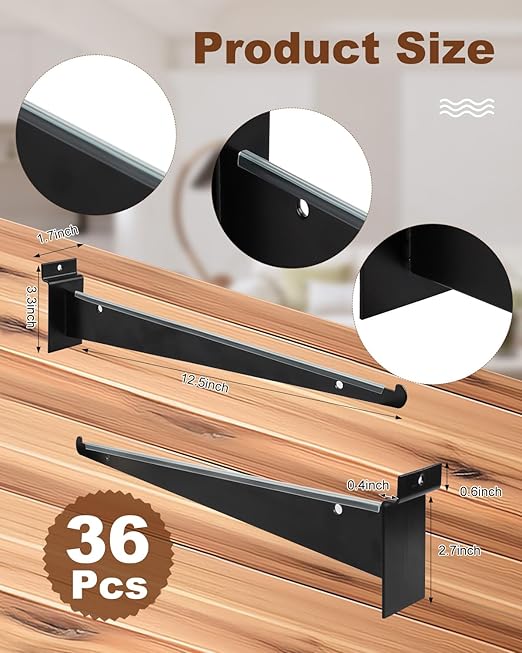 MUZIK 36pcs 12 Inch Slatwall Shelf, Heavy Duty Slat Wall Shelf Brackets with Lip Floating Slatwall Accessories for Garage Slat Panels Shelving Display (Black)