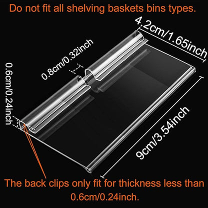 50PCS Basket Bin Labels Clip On,Clear Plastic Wire Shelf Price Tags,Labels for Storage Bins,Merchandise Sign Display Holder,50PCS Paper Inserts Included(Size:3.54x1.57inch/9x4cm)