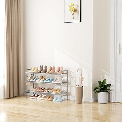 3 Tier Shoe Rack 33" Wide Metal Shoe Organizer Long Shoe Storage with 4 Side Hooks Sturdy Shoes Shelf for Front Door Entrance, Closet, Garage, Dorm, Grey