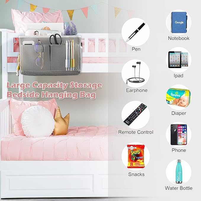 Frjjthchy Bedside Caddy Hanging Storage with Water Bottle Holder for Bunk Bed, Hospital Bed, Dorm Rooms (Grey)