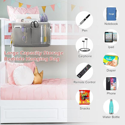 Frjjthchy Bedside Caddy Hanging Storage with Water Bottle Holder for Bunk Bed, Hospital Bed, Dorm Rooms (Grey)
