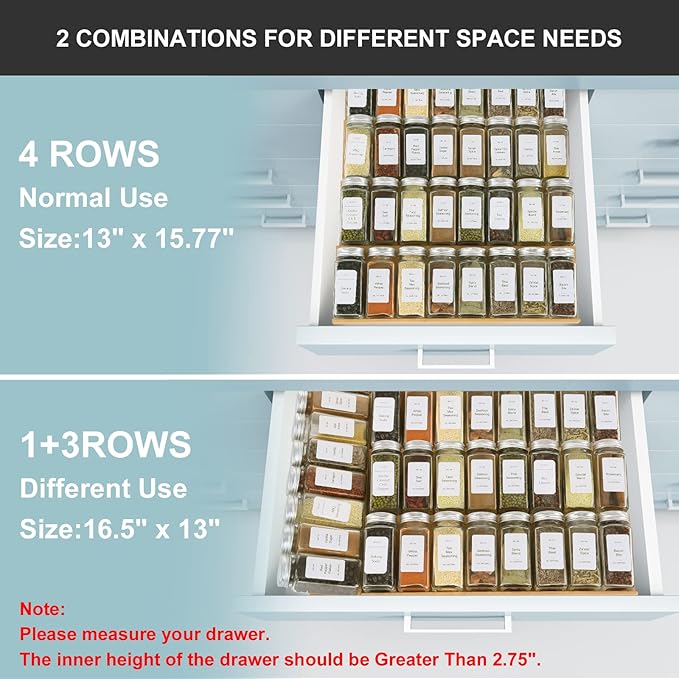 KitHero Spice Drawer Organizer with 24 Spice Jars and 216 Labels,Non-slip Rubber, Bamboo 4 Tier Spice Racks Tray Seasoning Containers for Kitchen Drawers,Cabinets,Countertops,13" Wide * 15.8" Deep
