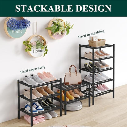 Smiry Small Bamboo Shoe Rack 4-Tier, Stackable Wooden Shoe Organizer for Entryway & Closet, Free Standing Wood Shoe Storage Shelf for Front Door & Small Spaces, Black
