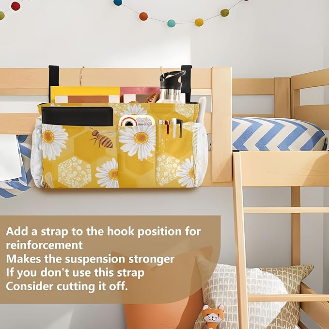 CuwrYet Bedside Caddy Hanging Bunk Bed Caddy Bed Organizer Hanging Pocket with 2 Hooks Bedside Storage Organizer Pocket Bag Holder Yellow Honeycomb Bee Daisy