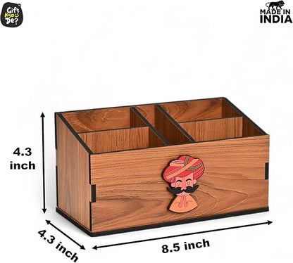 GKD Remote Stand with 5 Sections | Wooden Remote Holder for Living Room, TV and AC | Stationary Organizer | 5 in 1 | Ideal for Home and Office, New Year Gift (Brown Rajasthan)