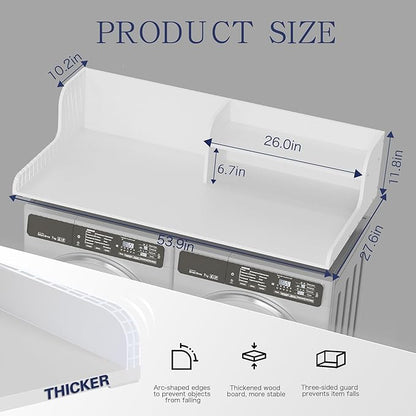 DTK Washer Dryer Wood Countertop with Shelf, Laundry Topper with Non-Slip Mat,27.55" Depth x 54" Width Dryer Covers for The Top with Edge Rails (White)