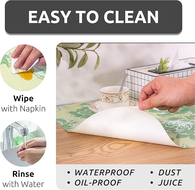 FIFTY FEET 18X96 Inch Shelf Liner for Kitchen Cabinets, PVC Drawer Liner for Dresser Non-Slip Bathroom, Non-Adhesive Cabinet Liner Washable (Green Flower)(5 Roll)