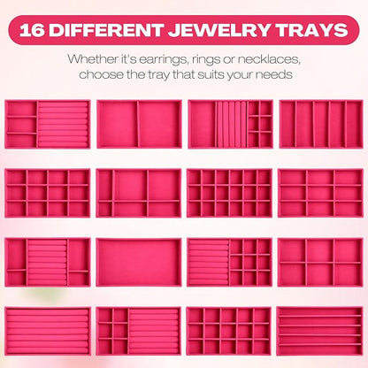 Landical 16 Pcs Jewelry Tray Velvet Stackable Jewelry Organizer Trays Drawer with Divider Earring Ring Necklace Display (Hot Pink)