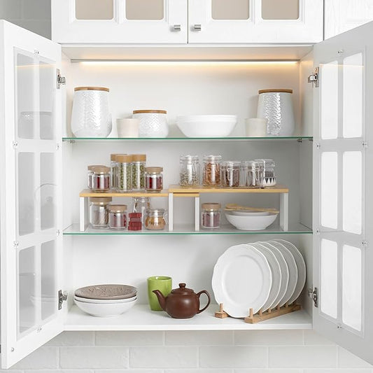 NEX Bamboo Cabinet Organizer Shelf, Set of 2 Kitchen Counter Shelves, Spice Rack, Stackable Kitchen Shelves Organizer, Pantry Cupboard Dish Mug Cup Storage Shelf, White and Natural