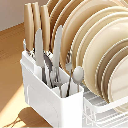BULIJUJU Small Dish Drying Rack, Space Saving Dish Racks for Kitchen Counter, Kitchen Organizer Dish Drainer with Cutlery Holder for Spoons and Forks, 11''W x 15''L, White