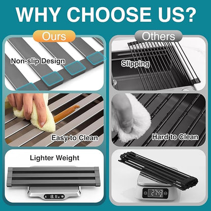 Aluminum Roll Up Dish Drying Rack Over The Sink, 17.7" x 13.4" Rust-Proof Foldable Dish Drainer Mat, Heat Resistant Trivet & Kitchen Sink Cover, Fits Sinks up to 16.8" Wide, Matte Gray