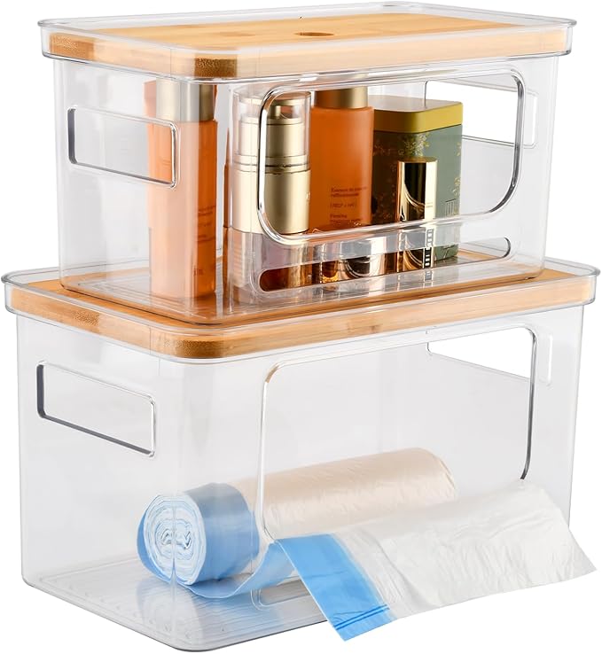 Trash Bag Dispenser Holder -Plastic Garbage Bag Pantry Organizer, Clear Large Laundry Pods Container with Lid, Stackable Under Sink Kitchen Laundry Room Organization and Storage