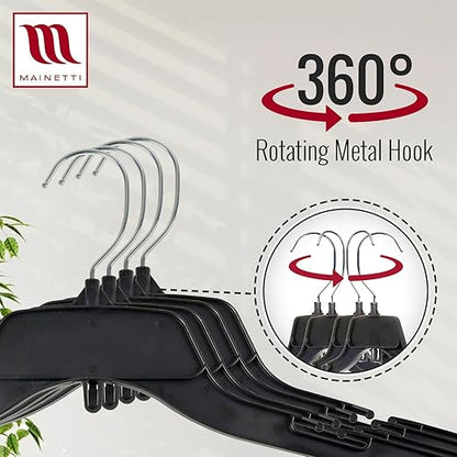Mainetti 484 Black Plastic Hangers - 100 Pack with Rotating Metal Hook and Notches for Straps, Great for Shirts/Tops/Dresses, 17-Inch