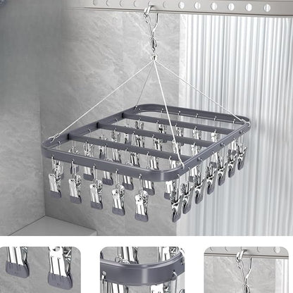 Clothes Drying Racks Clip Hangers Metal with 36 Clips Windproof Hook Underwear Hanger Foldable Laundry Clip for Socks Bras (Grey)