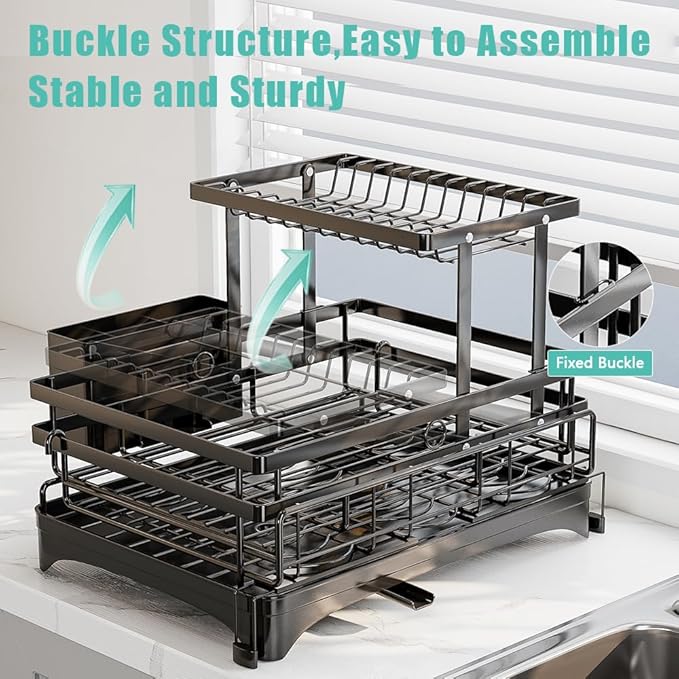 HANLE 2 Tier Dish Drying Rack - Large Extendable Dish Rack, 2-in-1 Anti-Rust Stainless Steel Dishrack for Kitchen Counter and Sink, Dish Strainer with Utensil Holder & Cup Holder(Black)
