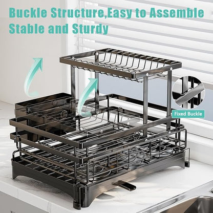 HANLE 2 Tier Dish Drying Rack - Large Extendable Dish Rack, 2-in-1 Anti-Rust Stainless Steel Dishrack for Kitchen Counter and Sink, Dish Strainer with Utensil Holder & Cup Holder(Black)