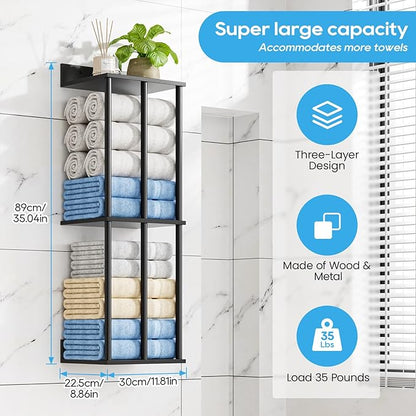 Towel Racks for Bathroom Wall Mounted with Wooden Storage Shelf, Updated 3 Bar Metal Towel Holder for Rolled Towels, Sturdy and Large Capacity, Towel Storage Organizer