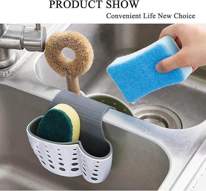 Sink Caddy Sponge Holder for Faucet - Flexible Silicone Plastic Saddle Organizer with Drain Holes, Double White