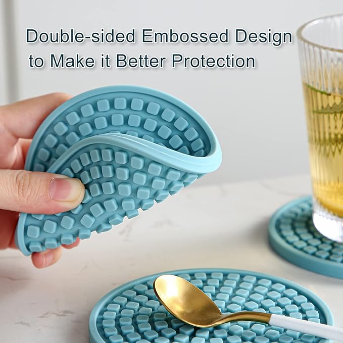 Colinda Silicone Drink Coasters with Holder, Set of 6, Outdoor Cup Mat for Hot or Cold Drinks, Thickened, Non-Slip,Non-Stick, Cool Grey