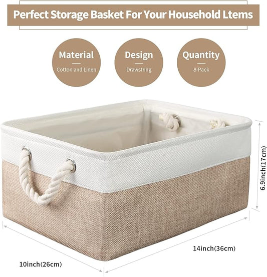 8 Pack Storage Basket Bins - Decorative Baskets Bulk Storage Box Cubes Containers with Handles for Clothes Storage Bathroom, Garage, Books, Home, Office, 13.7L x 9.8W x 6.7H (White&beige)