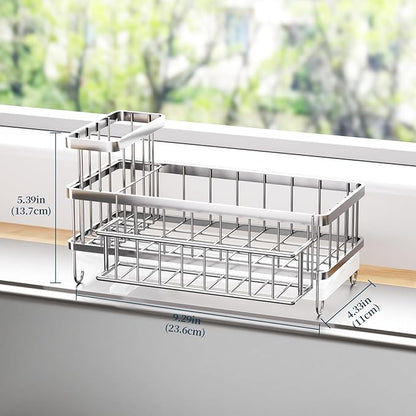 Consuemst Sponge Holder for Kitchen Sink - Auto Draining Sink Caddy Organizer with Detachable Rack, High Brush Holder, Kitchen Countertop Storage Accessories, Silver