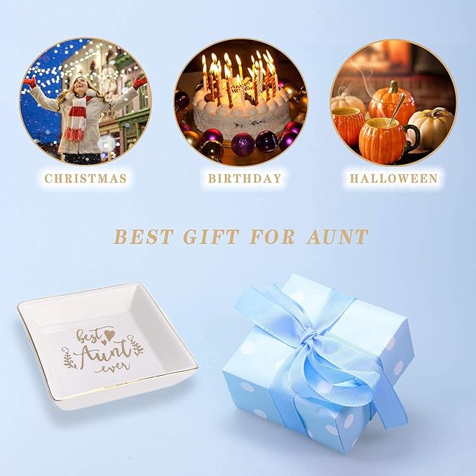 Tijeyi Aunt Gifts Best Aunt Ever Birthday Gift for Women Auntie from Niece and Nephew Mothers Day Christmas Jewelry Dish Ceramic Trinket Trays Ring Holder Bathroom Decor