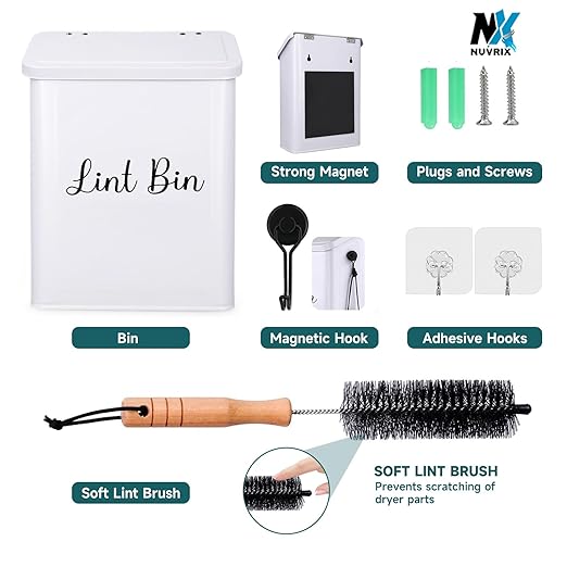 Magnetic Lint Bin for Laundry Room, Wall Mounted Metal Lint Box Holder Trash Can with Lid for Dryer, Lint Basket for Laundry Room Organization,Dryer Trash Can with Soft Lint Brush and Hooks