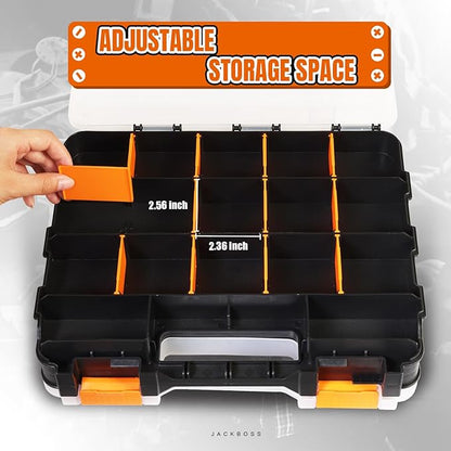 Tool Box with Transparent Lid, Double Side 34-Compartments Organizer Box with Removable Dividers for Hardware, Screws, Bolts, Nails, Beads, Jewelry and Fishing Accessories, Orange, 1 Pack