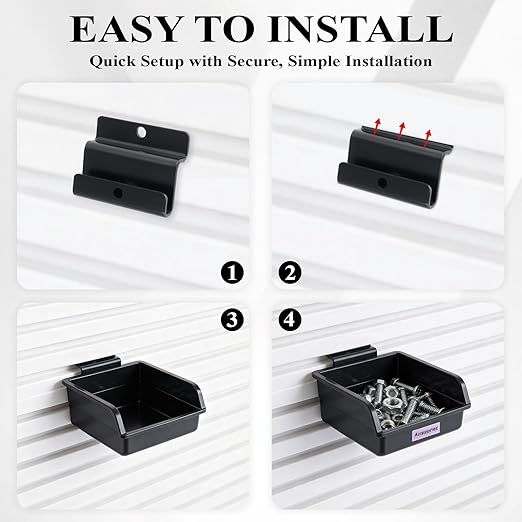12 Pack Slatwall Bins with Hooks and Labels, Plastic Slatwall Accessories Boxes for Slat Wall Panels, Slat Wall Storage Bin Containers Organizers for Hardware, Garage, Craft Room, Tool Shed