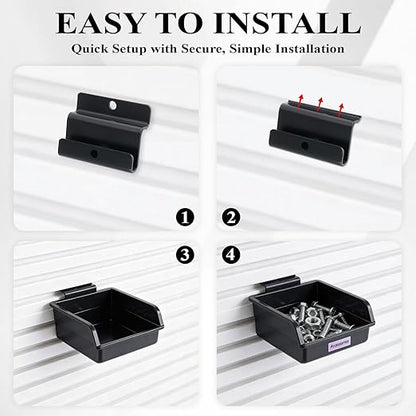 12 Pack Slatwall Bins with Hooks and Labels, Plastic Slatwall Accessories Boxes for Slat Wall Panels, Slat Wall Storage Bin Containers Organizers for Hardware, Garage, Craft Room, Tool Shed