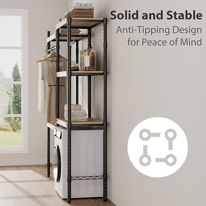 30" 5-Tier Over Washer Dryer Storage Shelf, Adjustable Laundry Room Shelves Organizer with Hanging Rod Hooks, Laundry Folding Station Rack for Top Load Machines, Black