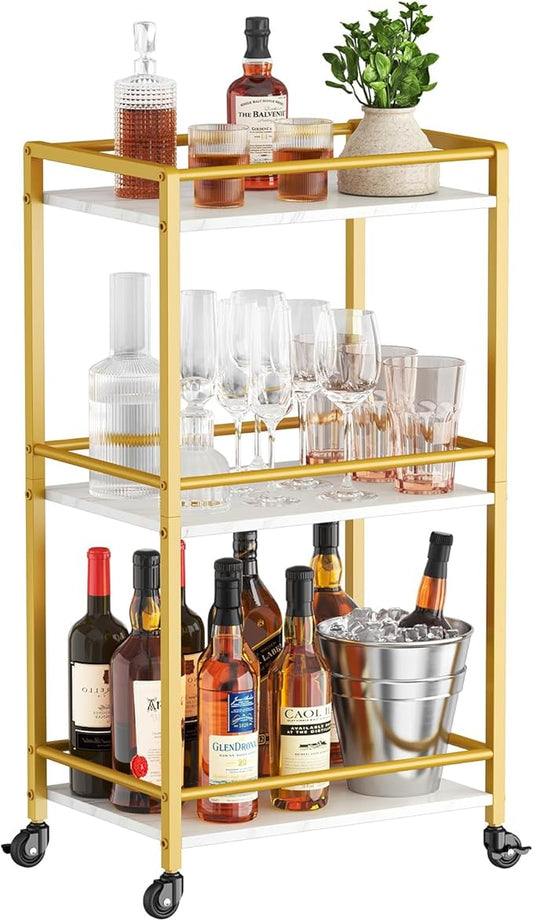Lifewit Bar Cart for The Home, 3 Tier Rolling Wine Cart, Drink Serving Cart with Lockable Wheels, Mini Liquor Utility Cart for Dining Living Room, 43 x 30 x 81.5 cm/17x 11.8 x 32.1 inch, Gold