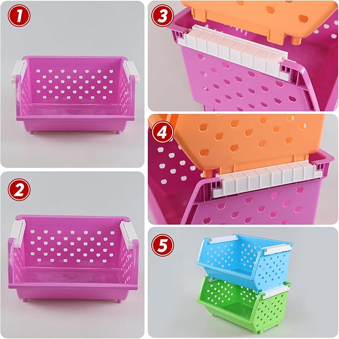 Ramddy 4 Tiers Kitchen Stackable Storage Basket, Plastic Multi-functional Stacking Basket Bin, Colored Pantry Storage Bin