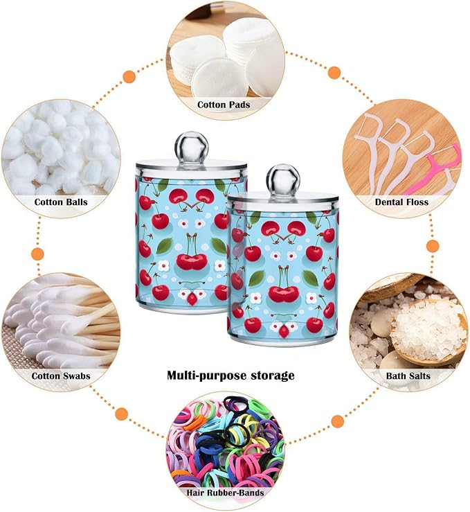 MNSRUU 2 Pack Qtip Holder Organizer Dispenser Cherries and Flowers Pink Bathroom Storage Canister Cotton Ball Holder Bathroom Containers for Cotton Swabs/Pads/Floss