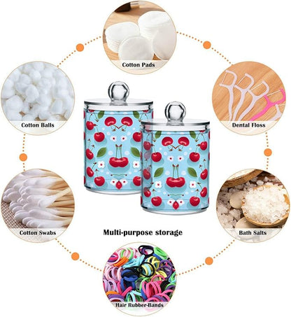 MNSRUU 2 Pack Qtip Holder Organizer Dispenser Cherries and Flowers Pink Bathroom Storage Canister Cotton Ball Holder Bathroom Containers for Cotton Swabs/Pads/Floss