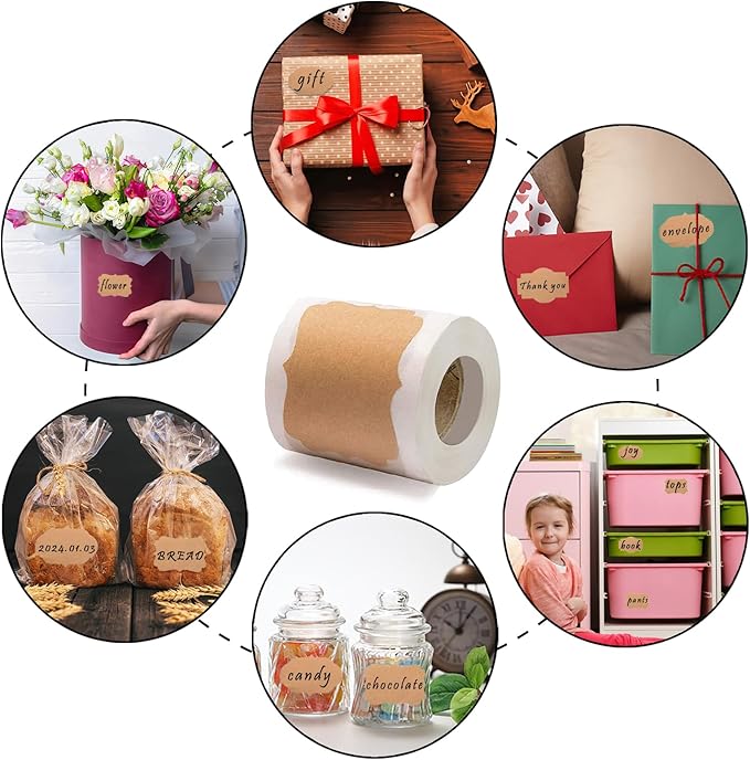 300 Pcs 2'' x 3''Natural Kraft Tags Sticker Self-Adhesive Customize Holiday Gift Stickers Labels for Jars Christmas Gift Name Tags Mason Jars