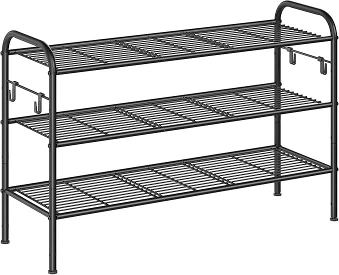 SONGMICS Shoe Rack, 3-Tier Shoe Organizer, Metal Shoe Shelf Storage with 4 Side Hooks, Holds 15 Pairs of Shoes, Height-Adjustable Shoe Rack for Entryway, Hallway, Closet, Ink Black ULMR138B01